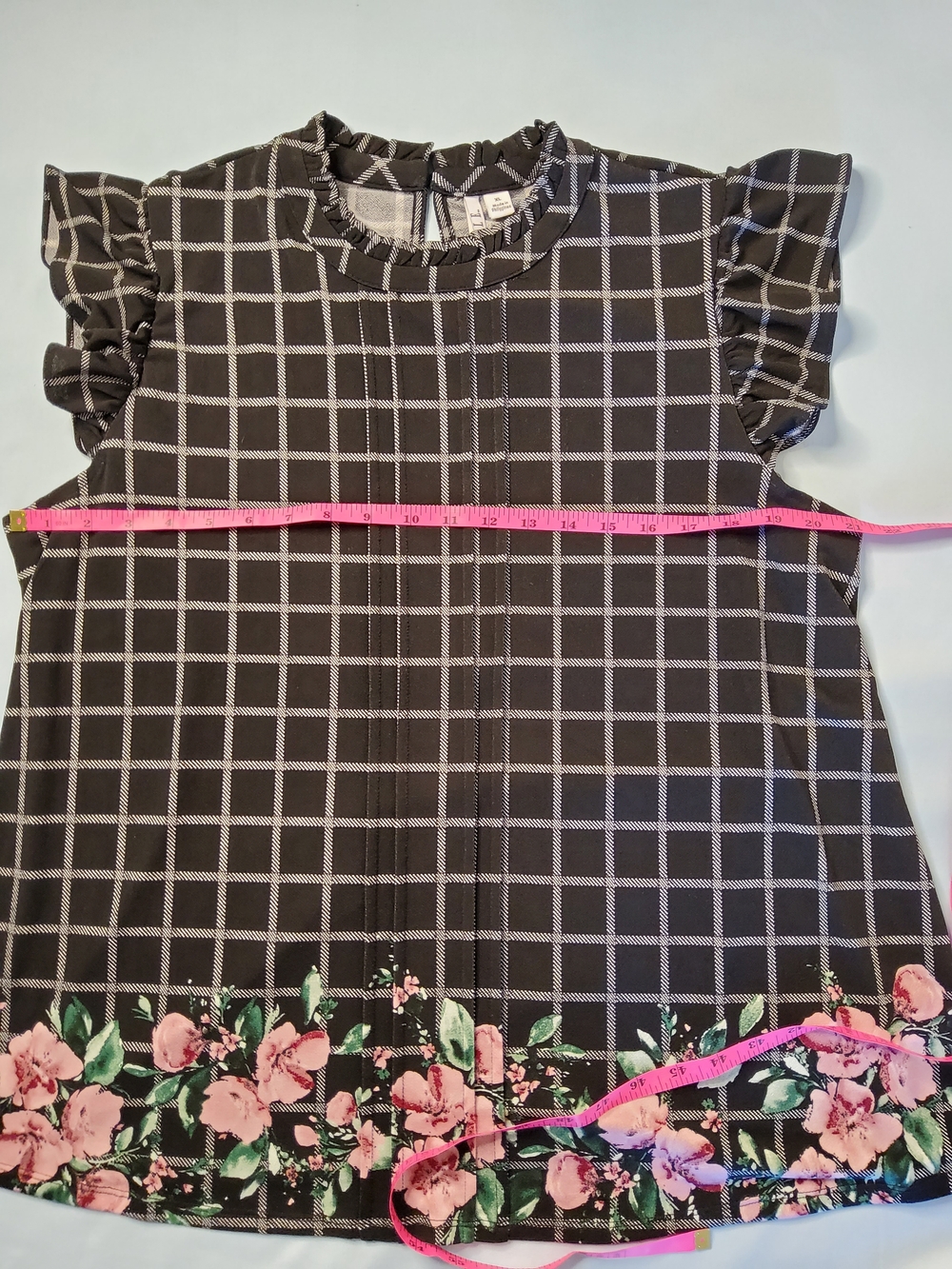 Elle Black Windowpane Blouse with Pink Floral Hem - Picture 4 of 7